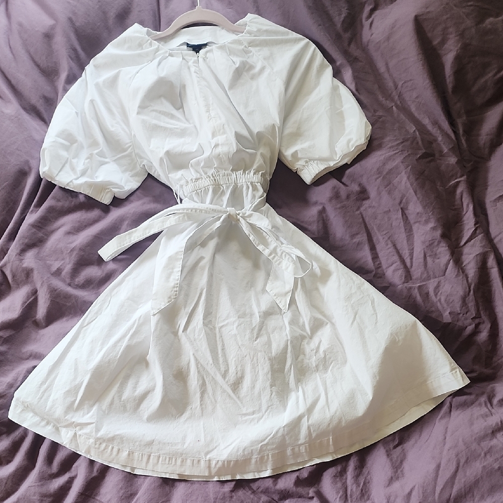 White Puff-Sleeve Tie-Waist Mini Dress